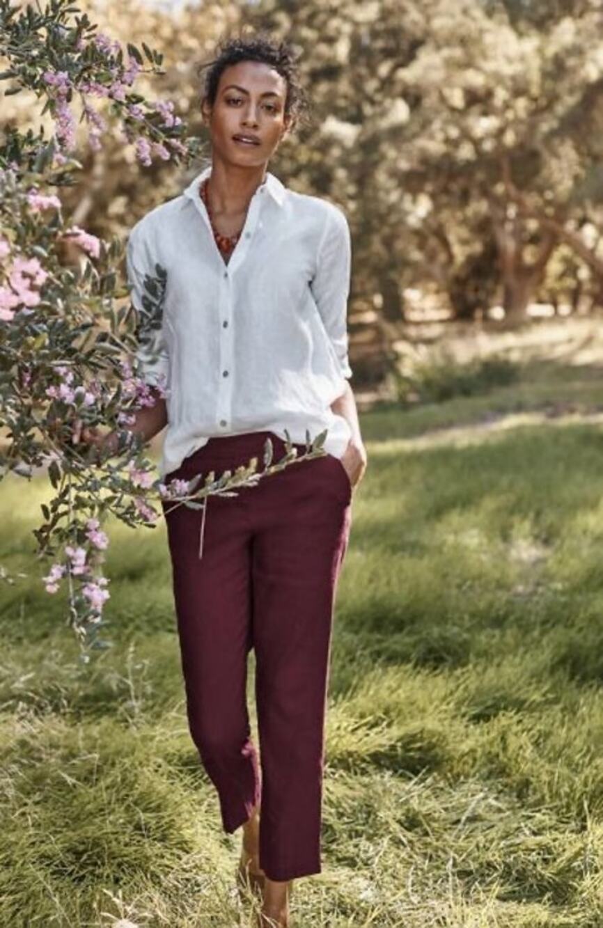 Casual J. Jill Linen Blend Stretch Burgundy Pull On Straight Leg Trouser Pants